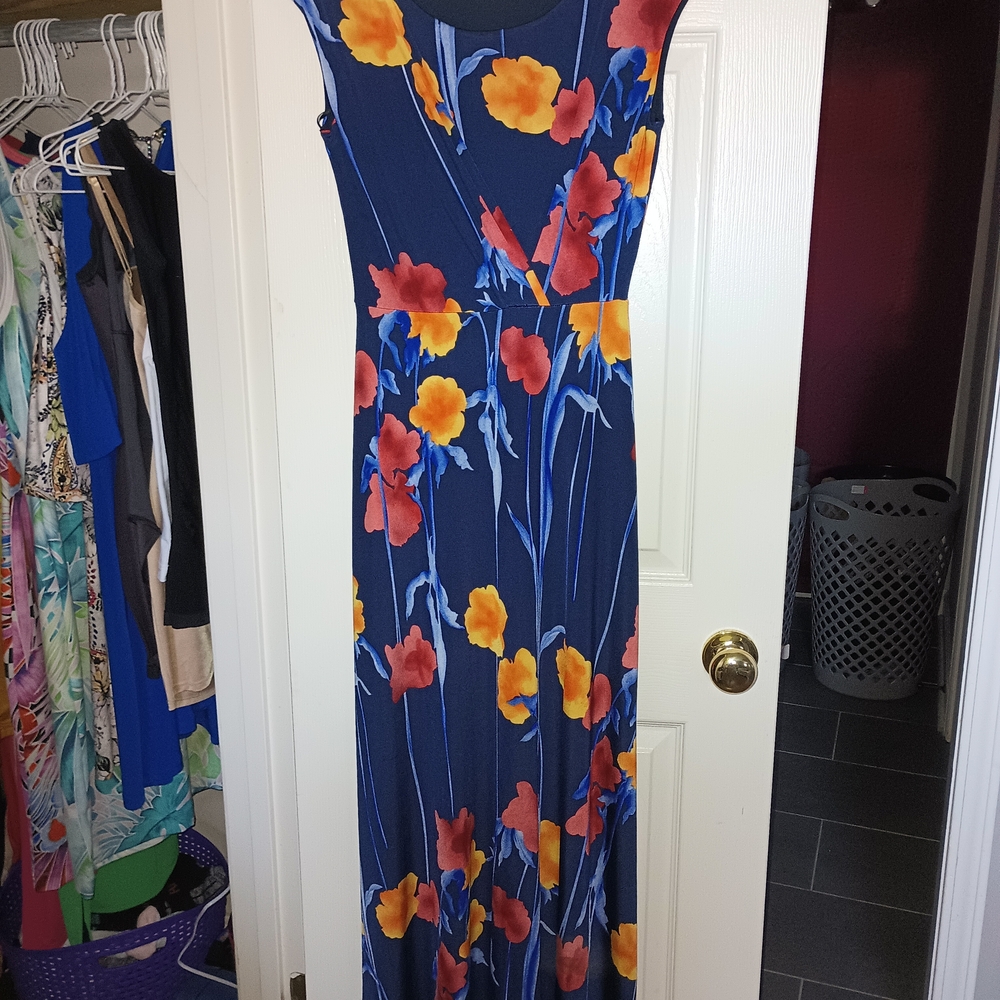 Le Lis Navy Maxi Dress with Orange & Red Floral Print